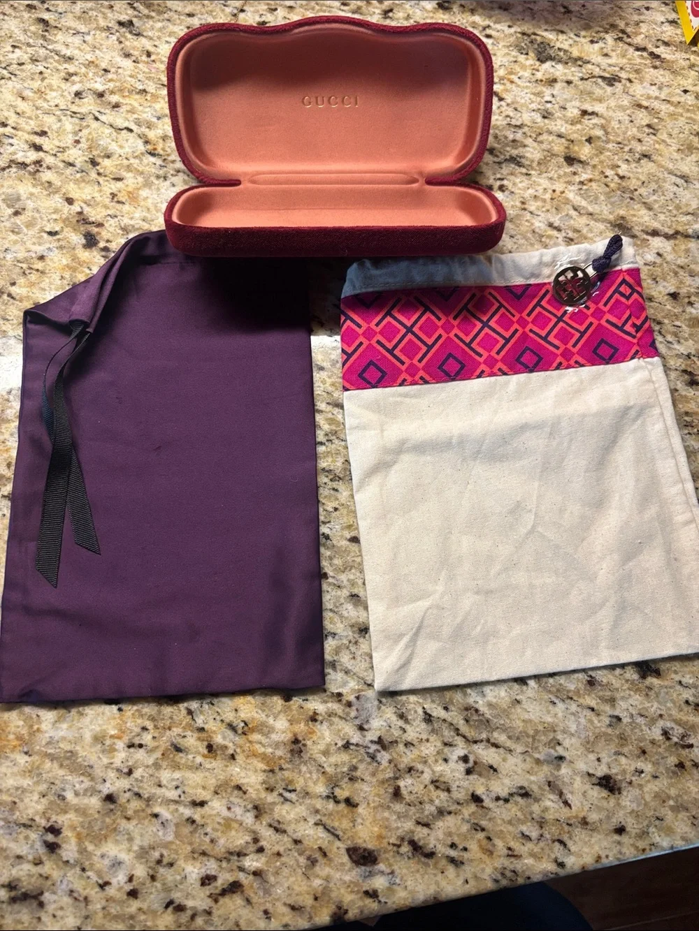 Designer Gucci Velvet Eyewear Case Gucci Plum Dust Bag and Tory Burch dust bag